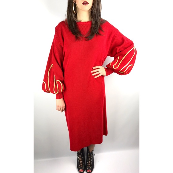 Vintage Dresses & Skirts - ❌SOLD❌ 90’s belled sleeve red knit sweater dress